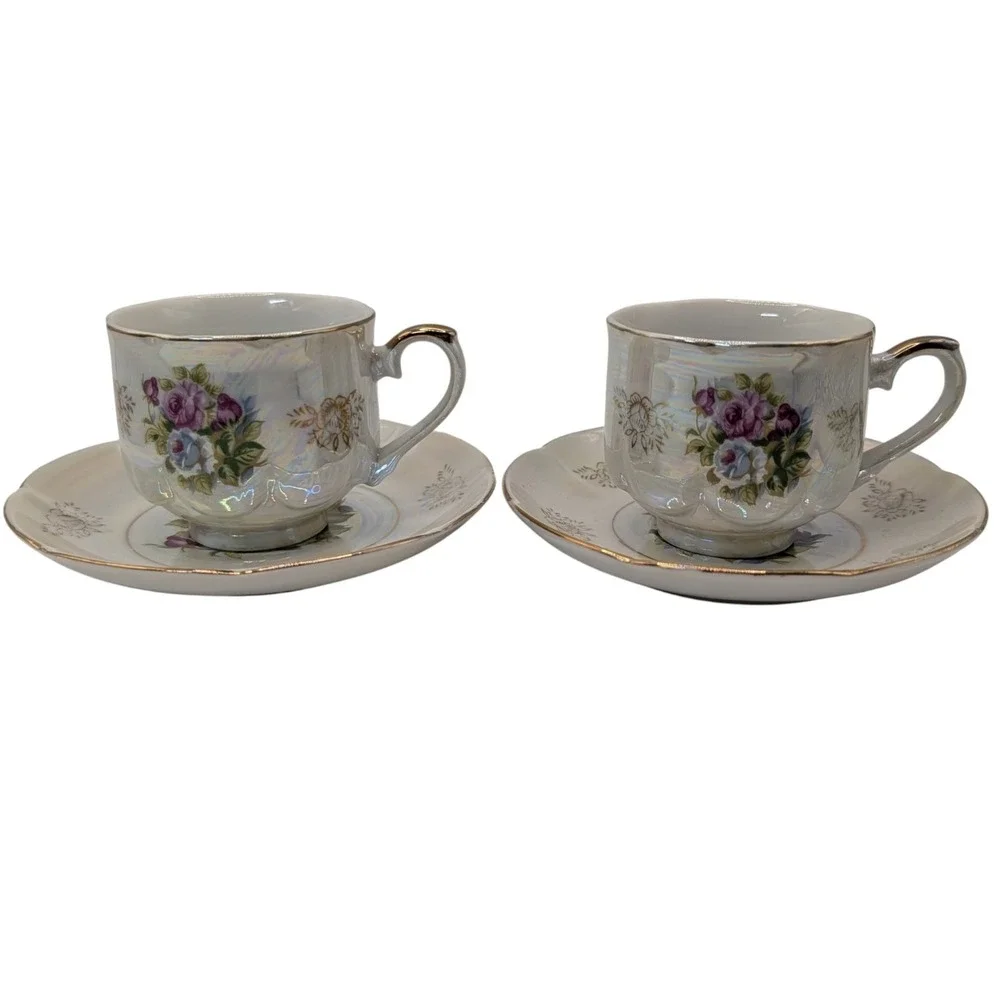 Vintage Seyei Fine China Demitasse Cups and Saucers Iridescent Floral Set of Two